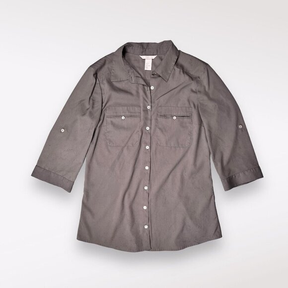 H&M Button Down Shirt 3/4 Sleeve Blouse Gray Silky Size 8❗️FLAWED❗️ - Picture 6 of 10